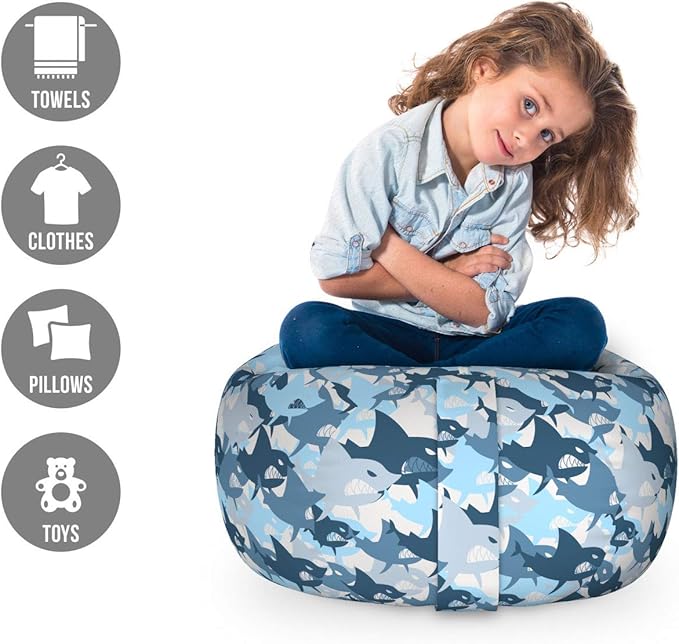 Lunarable Sea Animals Storage Toy Bag Chair, Camouflage Pattern with Aggressive Shark Fishes Scary Marine Predators, Stuffed Animal Organizer Washable Bag, Small Size, Blue Grey