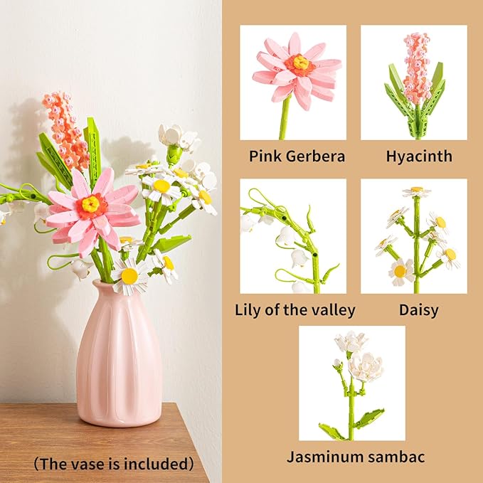 Flower Bouquet Building Blocks Set - Artificial Flowers with Gerbera for Home Decor, Unique Gift for Her or Him for Anniversary Valentine Birthday