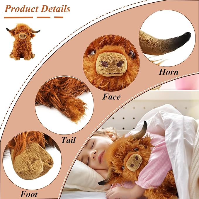 Highland Cow Stuffed Animals,Cute Fluffy Stuff Cow Plush Realistic Scottish Cattle Animals Toys Birthday Festival Presents for Girls Audults Kids Boys Toddler (Brown Cows 10.6 inch)