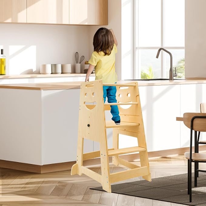 Kitchen Step Stool for Kids with Safety Rail,Toddler Stool for Kitchen Counter with Adjustable Pedal Toddler Kitchen Stool Helper