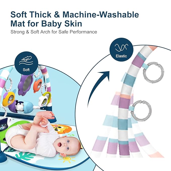 dearlomum Baby Play Mat Baby Gym,Funny Play Piano Tummy Time Baby Activity Gym Mat with 5 Infant Sensory Baby Toys and 2 Baby Soft Rattles 0 to 3 6 9 12