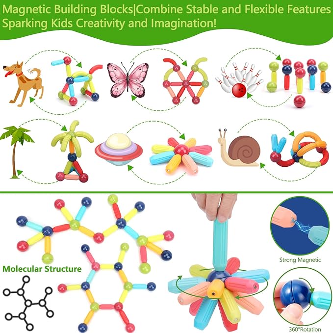 COUOMOXA 74 PCS Magnetic Blocks Sticks Construction Building, Learning Education Stem Preschool Toddler Kids Toys for 3+ Year Old