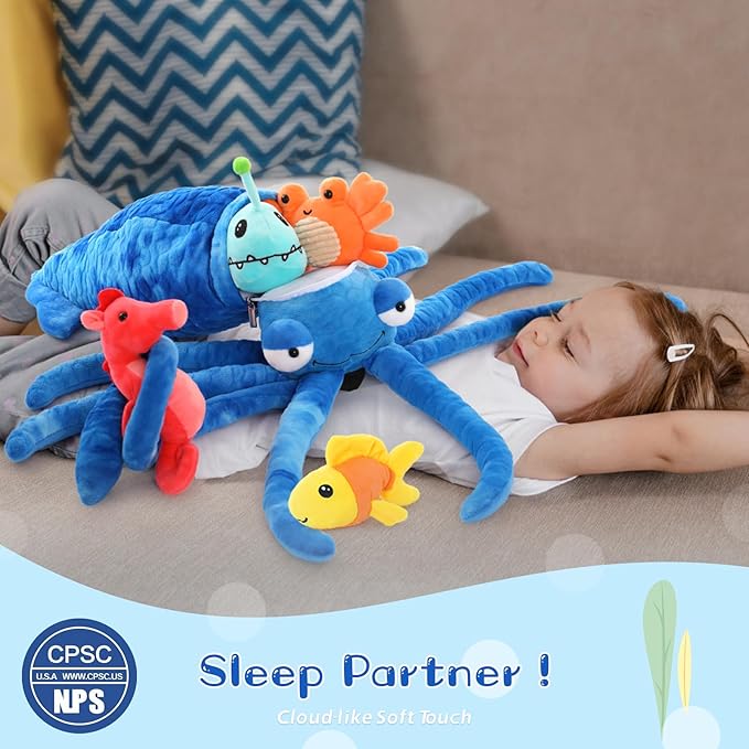 Giant Squid Stuffed Animal Toy 41.3 inches with Four pcs of Marine Animal Plush Dolls Clownfish,Crab