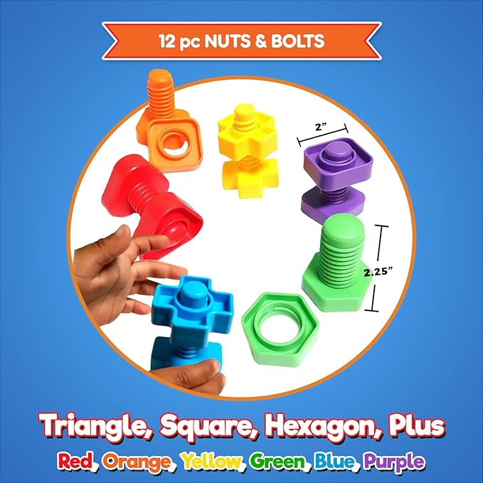Kids Nuts and Bolts Set – Jumbo Matching Fine Motor Toy for Toddlers (12 pcs/Travel Backpack Included)… (Dog Backpack with Beads & Bolts)