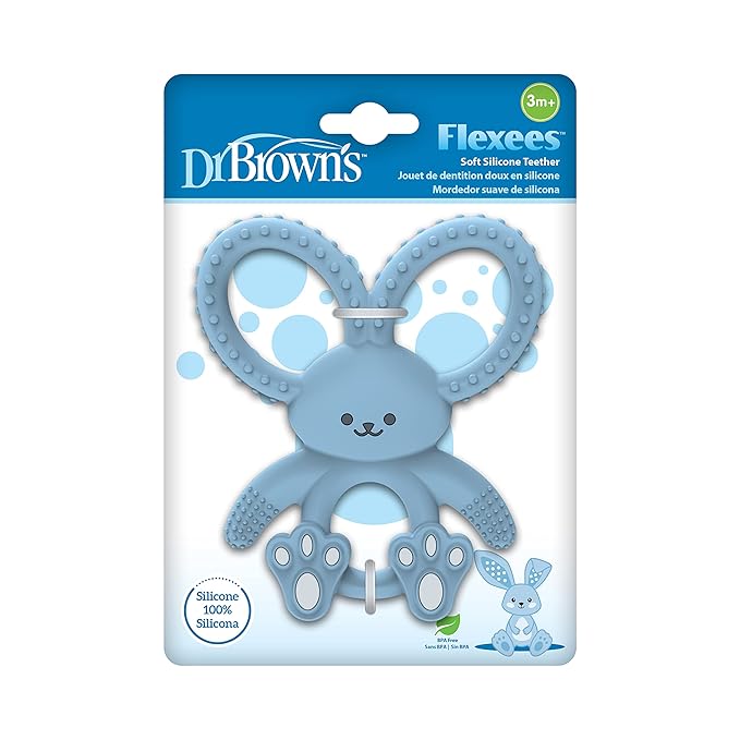 Dr. Brown's Flexees Gray & Blue Bunny 100% Silicone Baby Teethers, BPA Free 3 Months+