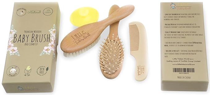 Wooden Hair Brush and Comb Set (4-Piece) for Newborns and Toddlers | Ideal for Cradle Cap | Massage and Scalp Bristles | Perfect Baby Registry Gift