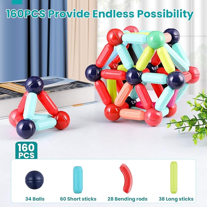 BAKAM 160PCS Magnetic Building Blocks for Kids Ages 4-8, STEM Construction Toys for Boys and Girls