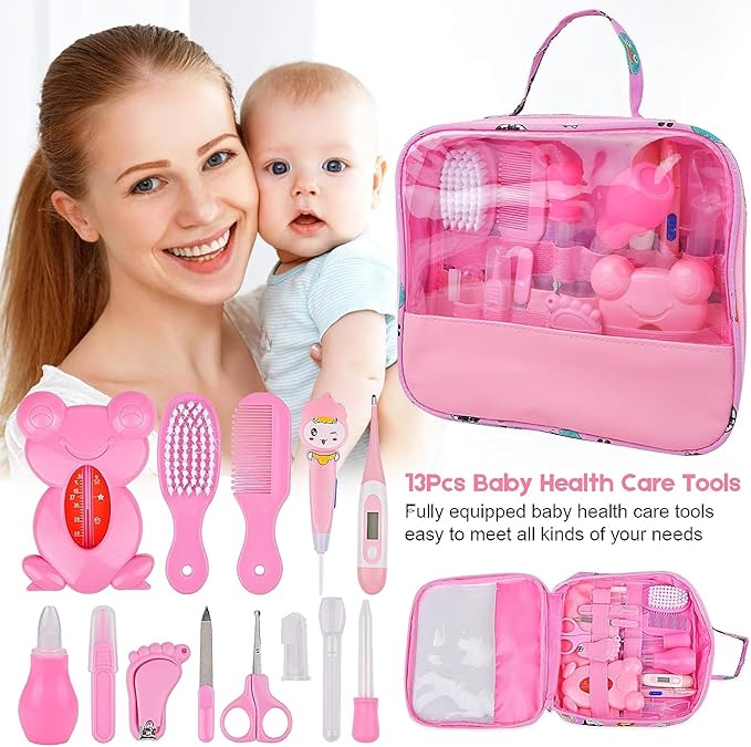 Baby Healthcare and Grooming Kit, 13 in 1 Newborn Nursery Health Care Set, Baby Grooming Kit for Boys & Girls, Portable Baby Healthcare Set with Comb, Nail Clipper, Brush, etc, Baby Shower Gifts