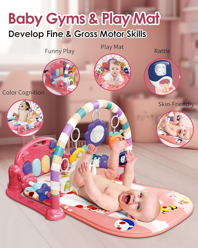dearlomum Baby Play Mat Baby Gym,Funny Play Piano Tummy Time Baby Activity Mat with 5 Infant Sensory Baby Toys 0 to 3 6 9 12