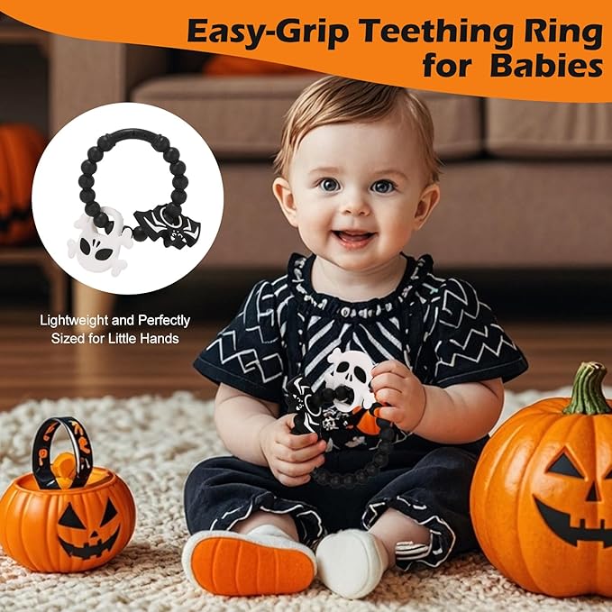 Halloween Baby Teething Ring Toys ??Skull & Bat Silicone Teethers for Newborns, Infants & Toddlers