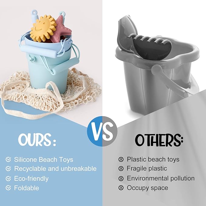 Hungdao 14 Pcs Silicone Beach Toys Travel Beach Set Sand Toys Include 2 Silicone Bucket Pail, 2 Shovel 9 Sand 1 Beach