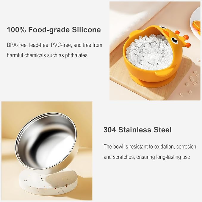 Suction Bowls Set for Baby Feeding,Yellow Duck Silicone Suction Baby Bowl and Food-Grade 304 Stainless Steel Bowl with Fork and Spoon,Dishwasher Safe