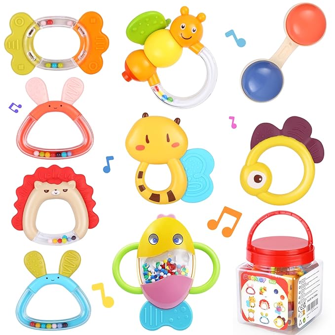 MOONTOY Baby Rattles Teether Set Toys for 0 1 2 3 4 5 6 7 8 9 10 11 12 9PCS Baby 0-3-6-12 Month