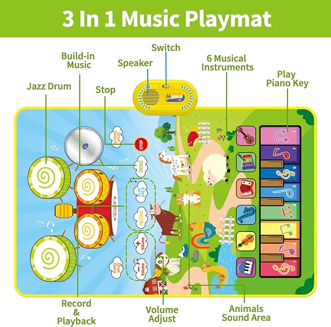 1 Year Old Boy Toys, 3 in 1 Musical Toys for Toddlers 1-3 Piano Keyboard 2 Drum 12-18 Months 1 2 3 Year