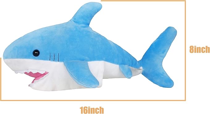 ICE KING BEAR Cute Blue Plush Shark Hand Puppet - Stuffed Animal Toy 14 Inches