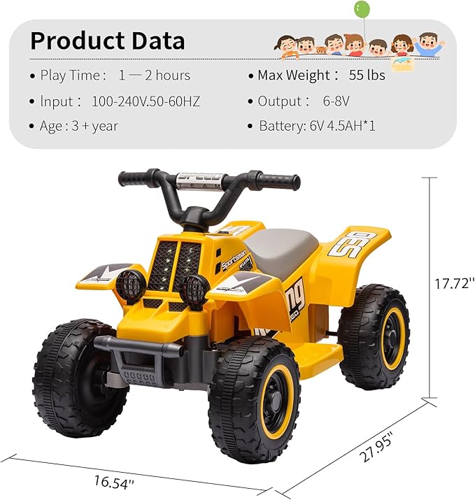 Hetoy 6V Kids Ride On Electric ATV, Ride Car with LED Headlights 1-3 Boys