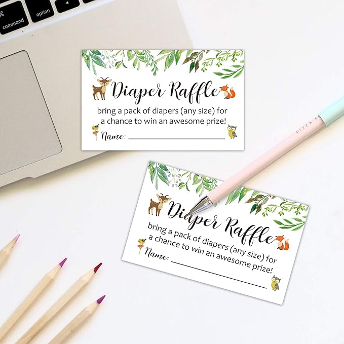 Diaper Raffle Tickets Woodland Baby Shower Game Invitations Insert for Boy Girl, Bring a Pack of Diapers to Win Favors 3.5" x 2", Pack 50