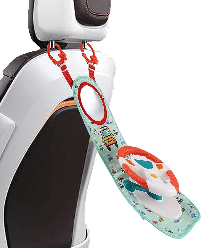 BETTERLINE Baby Car Seat Toy for Infants and Toddlers, Interactive Driving Steering Wheel with Lights, Music and Mirror, Realistic Driving Sounds - Can use for Stroller or Playpen, Adjustable Strap