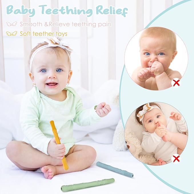 Baby Teething Tubes Teether Sticks, 4 Pack Silicone Hollow Teething 6-12 Months