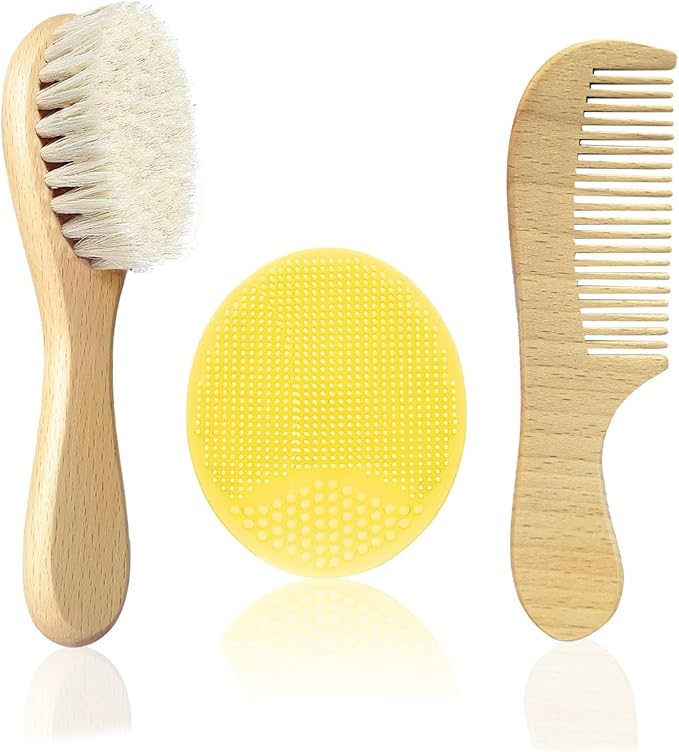 Baby Hair Brush with Wooden Handle and Comb Set for Newborns & Toddlers | Natural Soft Goat Bristles l Wood comb l Yellow Silicone Brush (3PCS)