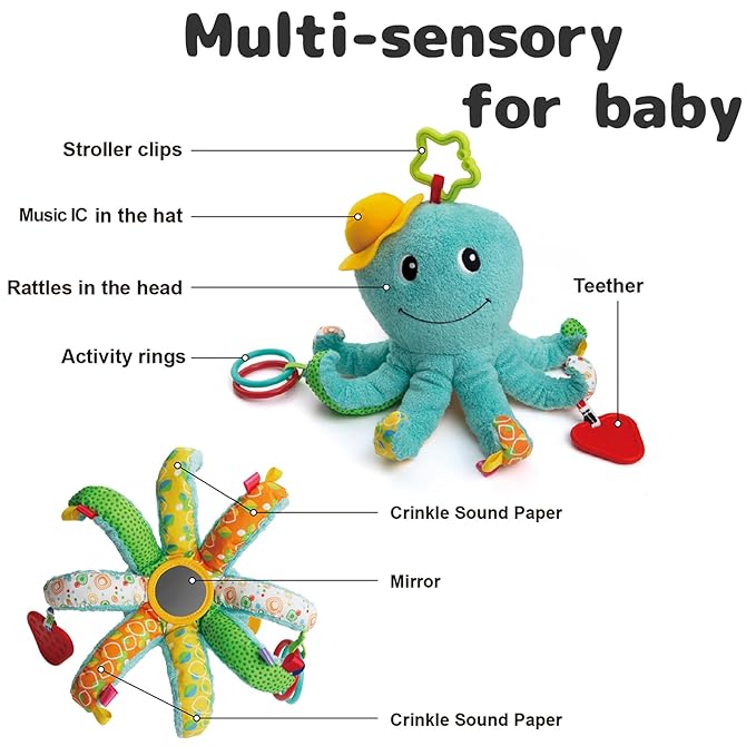 Infant Baby Musical Stuffed Animal Activity Soft Toys, Baby Teething Toys with Multi-Sensory Crinkle 0-3-6-12 Months