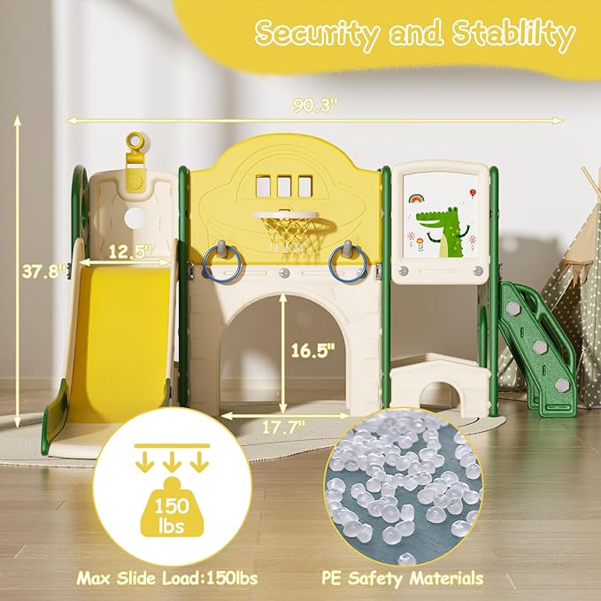 10 in 1 Toddler Slide for Toddlers Age 1-3, Extra-Long Slide with Basketball Hoop Indoor and Outdoor Baby Climber Playset Playground Freestanding Slide (Large