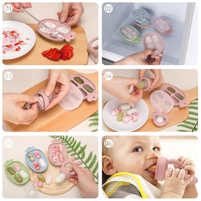 Baby Food Fruit Feeder & Mini Freezer Nibble Tray, Breastmilk Popsicle Molds for Baby Cooling Relief