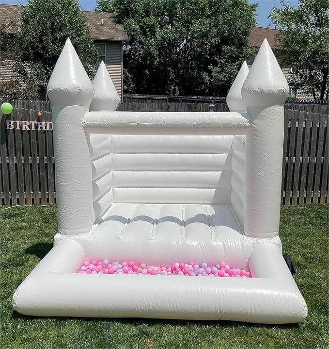 King Inflatable White Bounce House Castle with Ball Pit&Air Blower, White Jumper Bouncy Castle Wedding Decorations Jumping Bed for Party 8' x 10' x 8'