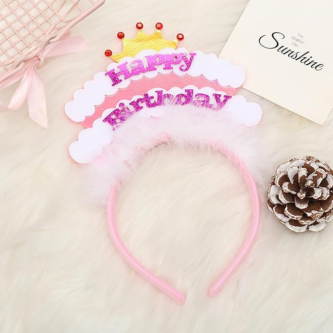 Rose Pink Fur Happy Birthday Headband - 1Pcs Birthday Girl