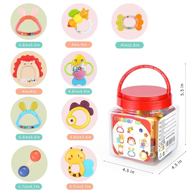 MOONTOY Baby Rattles Teether Set Toys for 0 1 2 3 4 5 6 7 8 9 10 11 12 9PCS Baby 0-3-6-12 Month