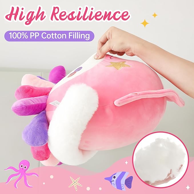 Houwsbaby 12" Pink Party Squid Plush Pillow,Octopus Plushie Ocean Sea Life Stuffed Animal Toys
