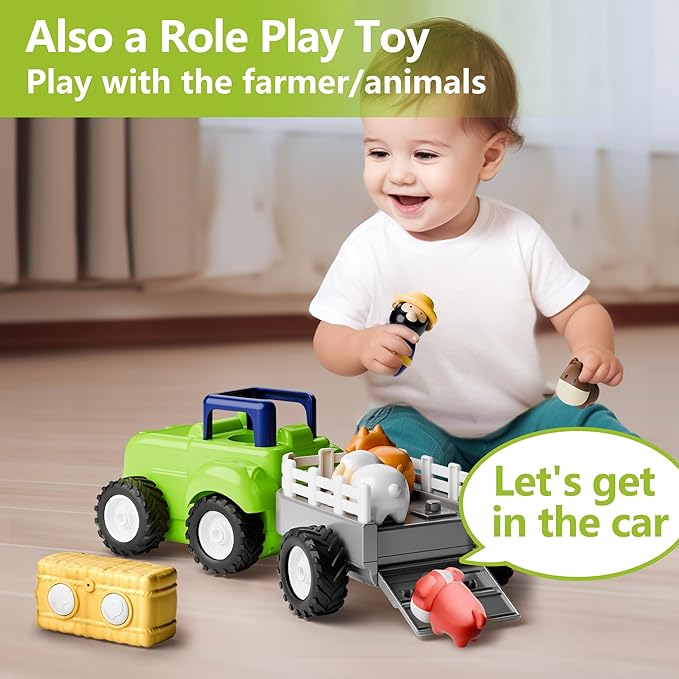 iPlay, iLearn Toddler Remote Control Farm Tractor Toy, Baby RC Trailer Truck Set, Music Pretend Farmer Animals Vehicle Playset W/Sound, Birthday Gifts for 18 24 Month 2 3 4 Year Old Kids Boys Girls