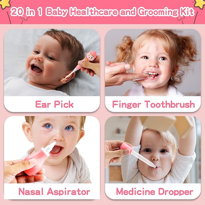 Baby Grooming Kit’╝īInfant Safety Care Setwith Hair Brush Comb Nail (20 PC-Pink