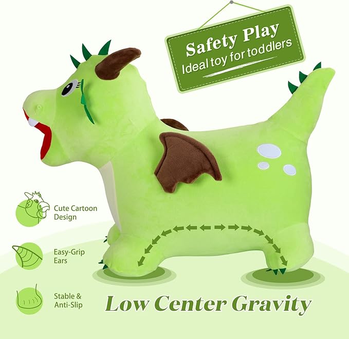 INPANY Bouncy Dinosaur Hopper Toy for Toddlers, Kids Inflatable Dragon Plush Bouncing Horse Hopper 2 3 4 Year