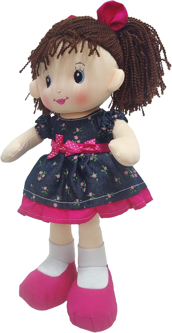 Linzy Plush 16" Libby Soft Plush Rag Doll with Navy Blue Dress and Printed Magenta Roses, Rag Doll for Girls (93864-2),L-93864-2