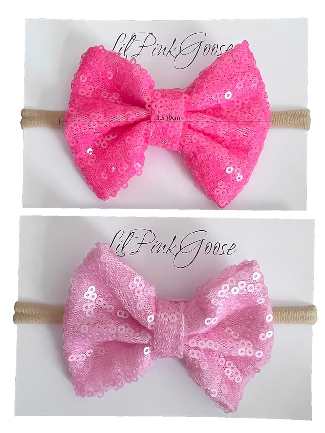 Baby Girls Neon Hot Pink, Pink Glitter Sequins Bow Headbands 1 Year 2 Pcs