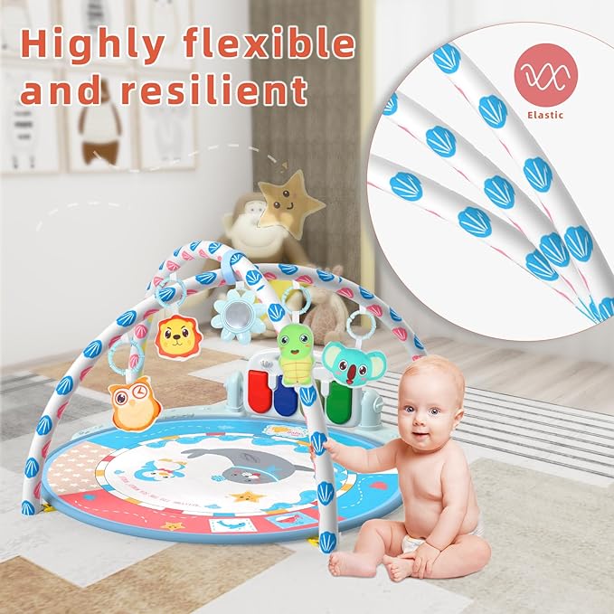 Baby Tummy Time Mat, Baby Gyms Playmats Activity Mat with 4 Toys and Mirror 40 Music, 3 to 18 Month(Blue)