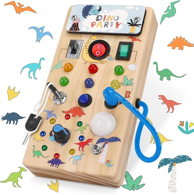 Dinosaur Light Switch Board - 8 LED Switches, Sensory Montessori 1+ Year