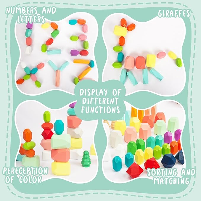 48 PCS Wooden Sorting Stacking Rocks Stones,Sensory Toddler Toys Learning Montessori STEM Toys 3-6 Years