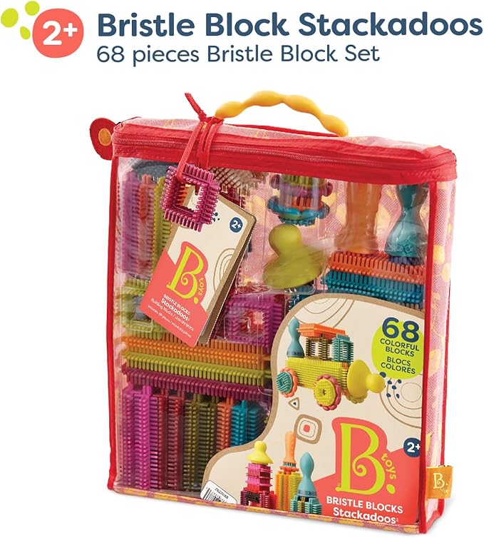 B. toys- Bristle Block Stackadoos - Building Blocks for Kids – Developmenal Toy-68 Blocks in a Storage Pouch 2 years