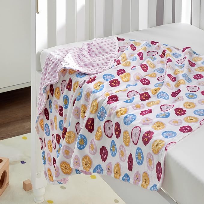 DaysU Silky Micro Soft Plush Baby Blankets for Girls with Print Floral Pattern and Soothing Raised Dots, Double Layer Bed Throws for Toddler Cot 50x60 Inches