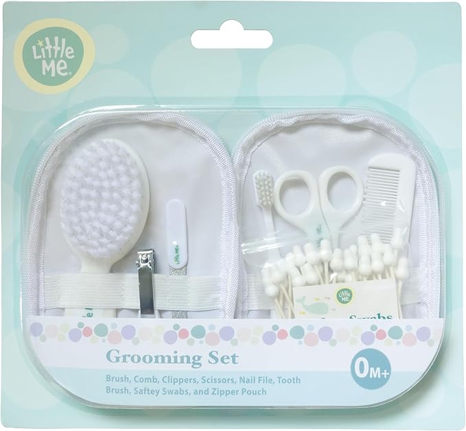 Little Me Baby Grooming Set - 8 Piece Essential Kit with Brush, Comb, Nail Clippers, Nail File, Toothbrush, Safety Swabs, and Travel Zipper Pouch - Baby Grooming Tools