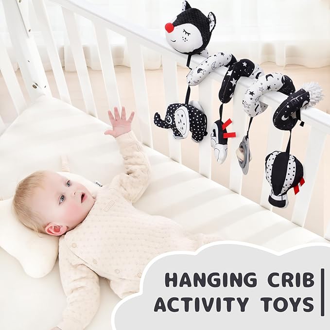 Koty Car Seat Toys, Infant Baby Spiral Plush Activity Hanging Toy for Stroller Bar Pram Crib with Music Box BB Squeaker & Rattles(Black Fox)