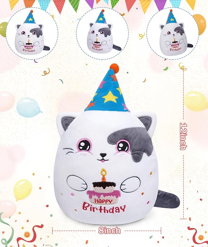 Birthday Stuff Cat Plush Gift - Adorable Blue White Cat Stuffed Doll, Cute Birthday Hat and Cake, Soft Huggable for Kids' Gifts, Cute Decor, 8 Inch
