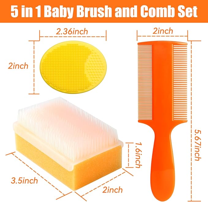 Cradle Cap Brush for Babies, 5Pcs Cradle Cap Treatment Set with Soft Bristle Brushes Silicone Scrubber Long Comb for Newborn Bathing Essentials Baby Brush and Comb Set (Orange)