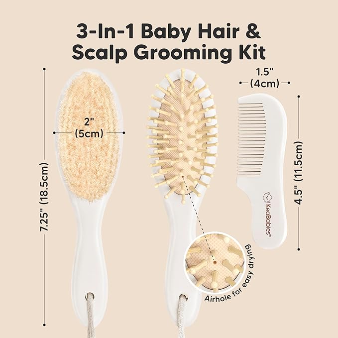 Baby Hair Brush and Comb Set for Newborn - Wooden Baby Hair Brush Set with Soft Goat Bristle, Baby Brush Set for Newborns, Baby Brush and Comb Set Girl, Boy, Toddler Cradle Cap Brush (Oval, Vanilla)