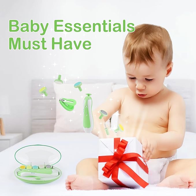 OTTOLIVES Baby Nail Trimmer Electric Newborn Toddler, Safe Baby Nail Clippers Set with Light and 6 Replacement Heads, Baby Nail File Trim Polish Toes Fingernails Care Infant Essentials(Green)