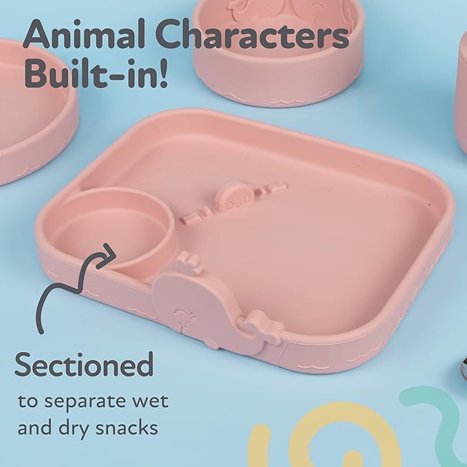Nuby Animal Friend Silicone Round Plate - Toddler Plate - 6+ Months - Pink Whale Plate