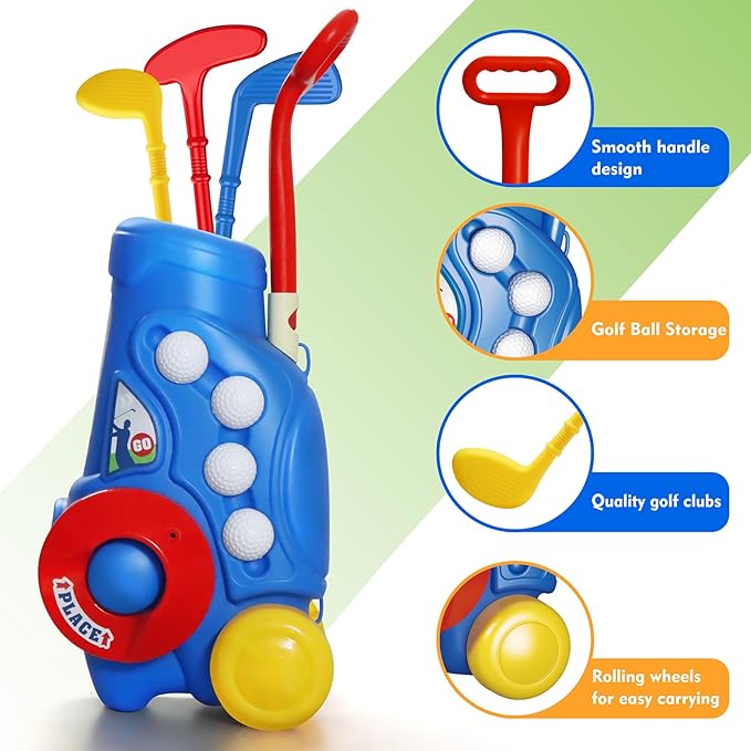Toddler Golf Clubs Set with Putting Mat,Kids Golf Cart Toys for 3 4 5 Years Old Boys Girls