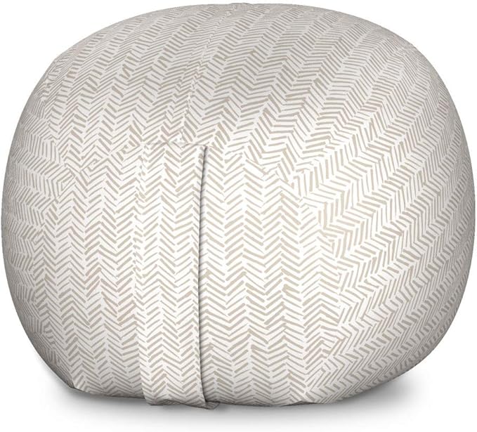Lunarable Chevron Storage Toy Bag Chair, Hand Drawn Monochrome Herringbone Lines Composition of Abstract Zigzags, Stuffed Animal Organizer Washable Bag, Large Size, White Beige